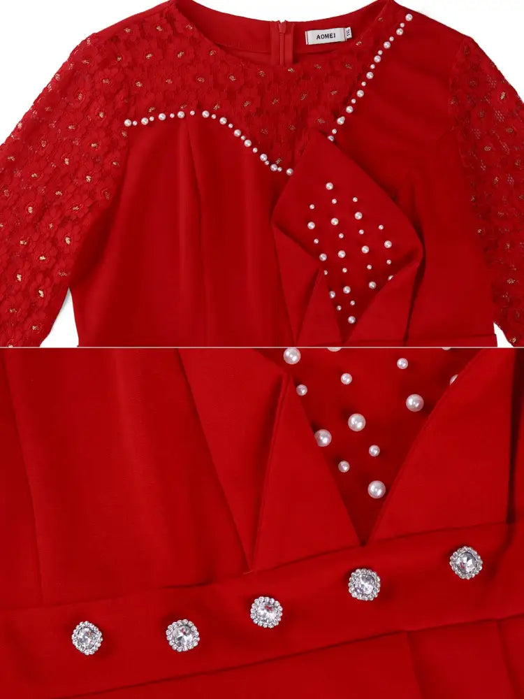 Lace Patchwork Dress O Neck Long Sleeve Beading Bodycon
