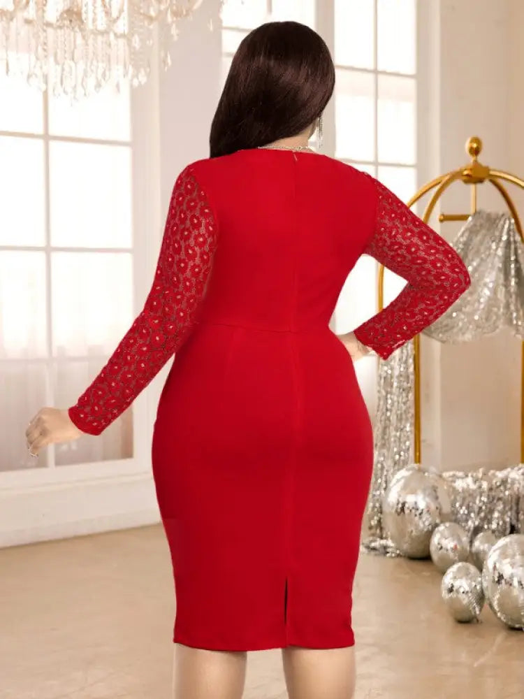 Lace Patchwork Dress O Neck Long Sleeve Beading Bodycon