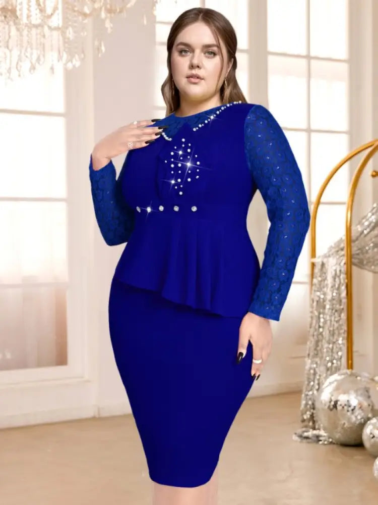Lace Patchwork Dress O Neck Long Sleeve Beading Bodycon