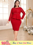 Lace Patchwork Dress O Neck Long Sleeve Beading Bodycon
