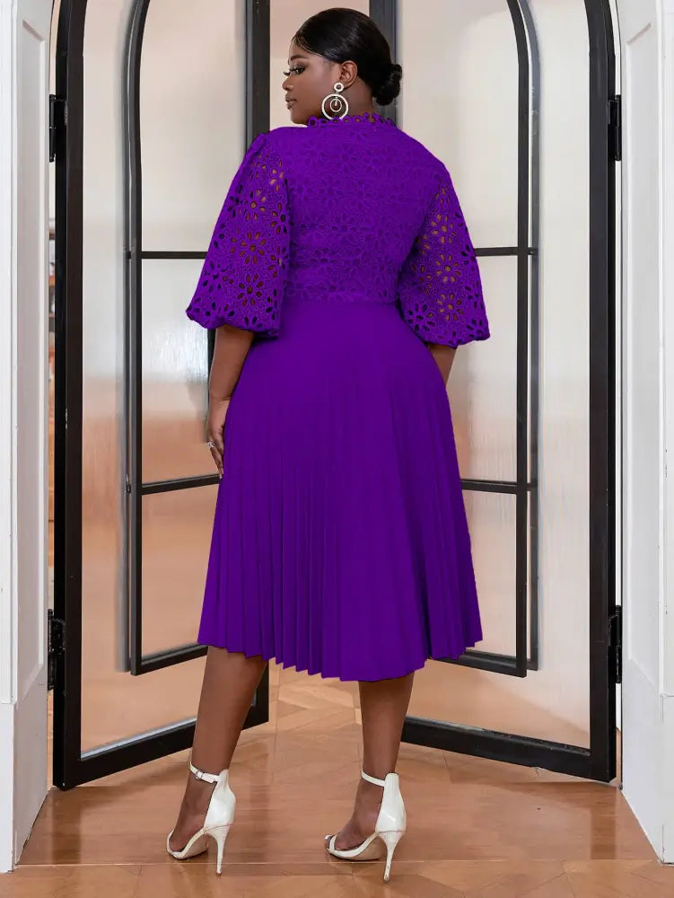 Lace Patchwork Lantern Sleeves Hollow Out Pleated Dress