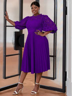 Lace Patchwork Lantern Sleeves Hollow Out Pleated Dress