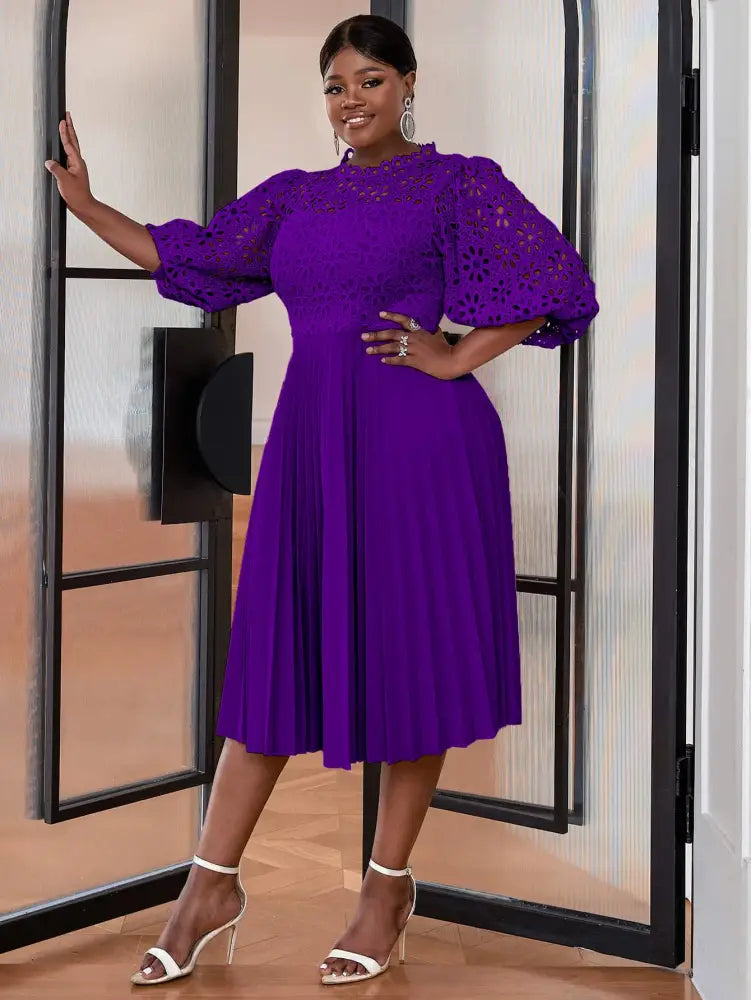Lace Patchwork Lantern Sleeves Hollow Out Pleated Dress