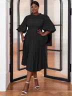 Lace Patchwork Lantern Sleeves Hollow Out Pleated Dress