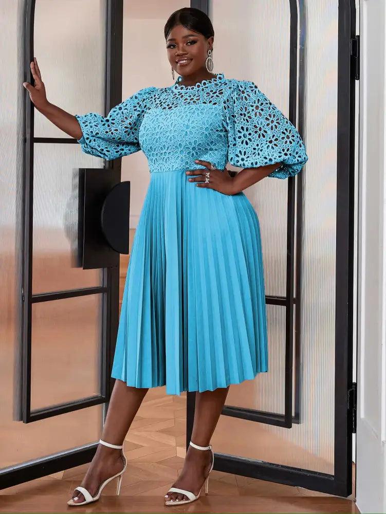 Lace Patchwork Lantern Sleeves Hollow Out Pleated Dress