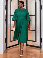 Lace Patchwork Lantern Sleeves Hollow Out Pleated Dress