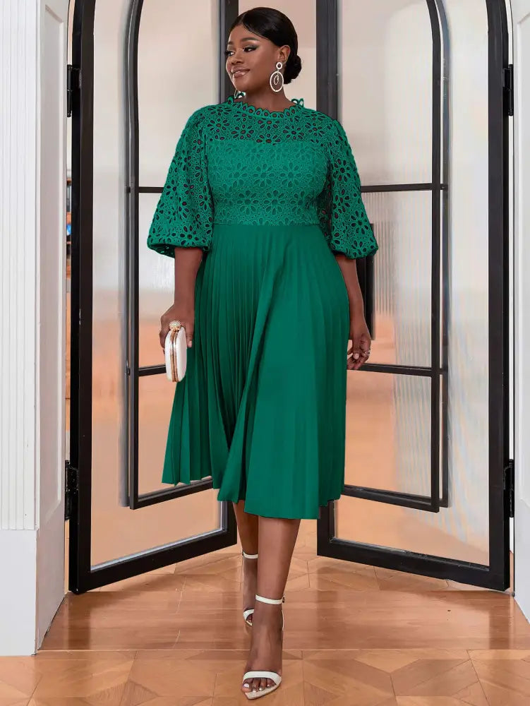 Lace Patchwork Lantern Sleeves Hollow Out Pleated Dress