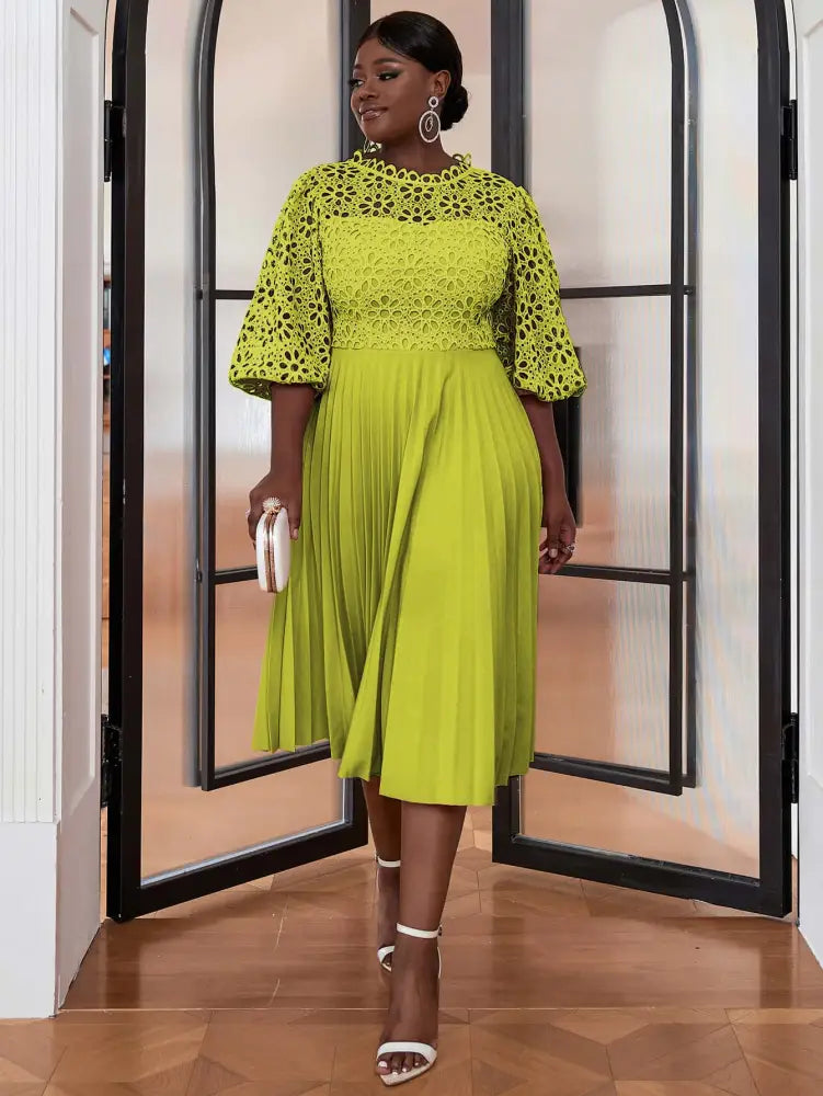 Lace Patchwork Lantern Sleeves Hollow Out Pleated Dress