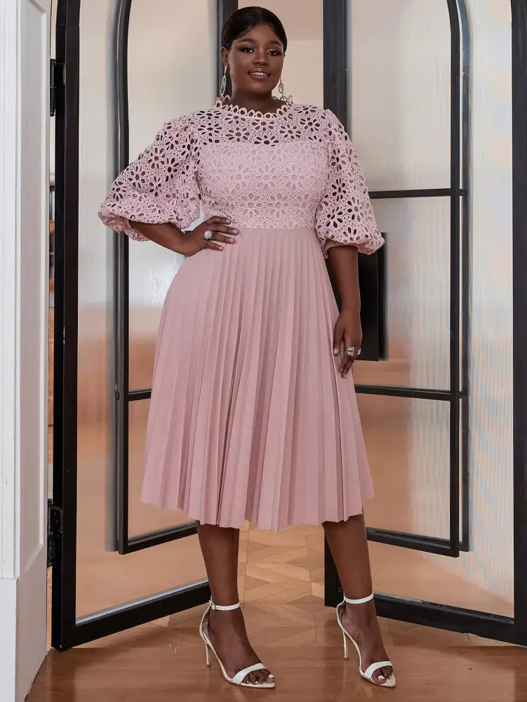 Lace Patchwork Lantern Sleeves Hollow Out Pleated Dress