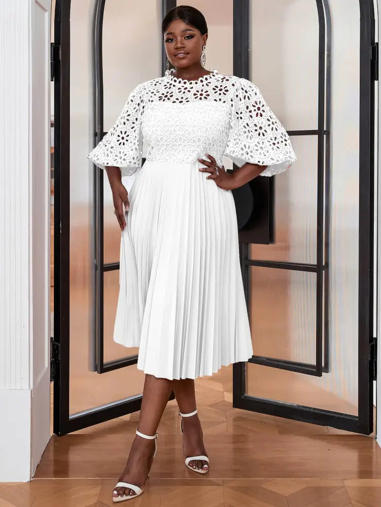 Lace Patchwork Lantern Sleeves Hollow Out Pleated Dress