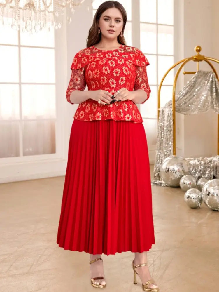 Lace Pleated Dress O Neck Half Sleeve Floral Patchwork