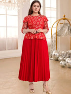 Lace Pleated Dress O Neck Half Sleeve Floral Patchwork