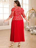 Lace Pleated Dress O Neck Half Sleeve Floral Patchwork