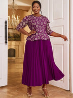 Lace Pleated Dress O Neck Half Sleeve Floral Patchwork