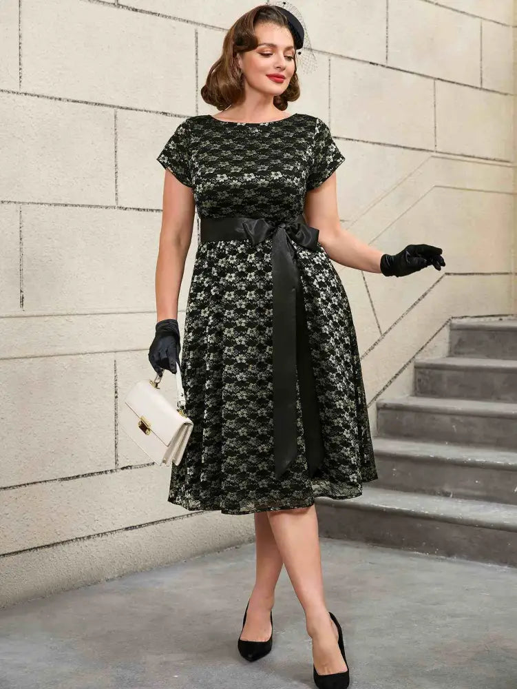 Lace Short Sleeve A Line Dress Black 1950s Style Black Wedding Guest Dress