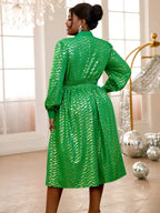 Lace Up Bowtie Dress Printed Long Sleeve Shiny A Line