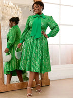 Lace Up Bowtie Dress Printed Long Sleeve Shiny A Line