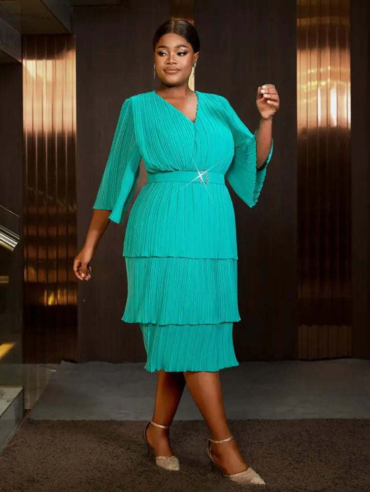 Lake Green A Line Cake Dress Pearl Chiffon V Neck Pleated