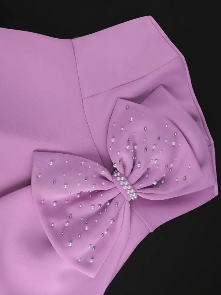 Lavender Strapless Big Bow Beading High Waist A Line Dress