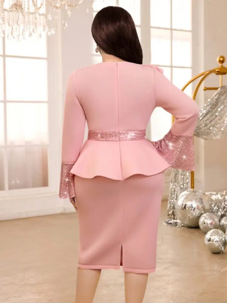 Long Flare Sleeves Dress O Neck Sequins Patchwork Ruffles