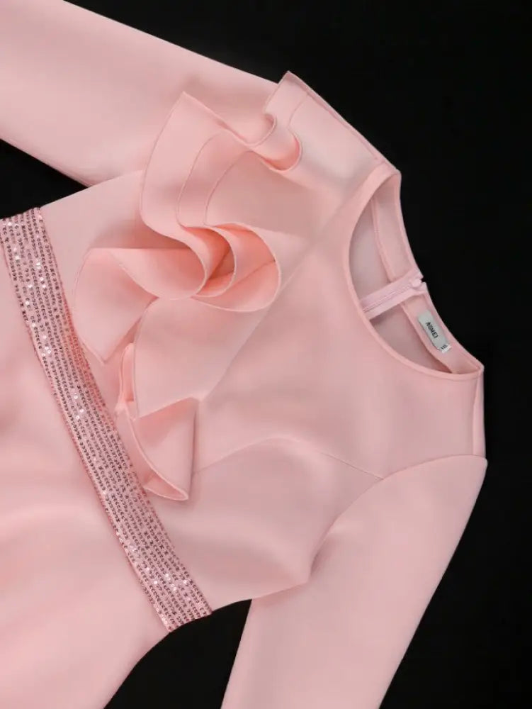 Long Flare Sleeves Dress O Neck Sequins Patchwork Ruffles
