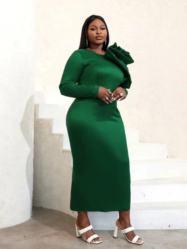 Long Sleeve Ruffle Shiny Bodycon Dress Maxi
