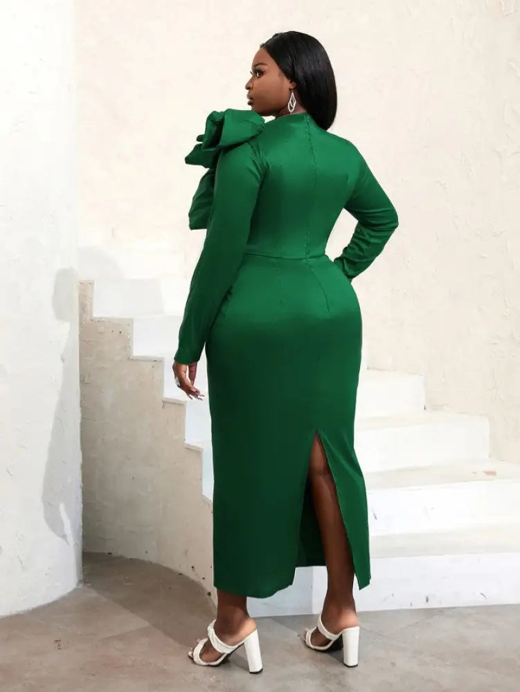 Long Sleeve Ruffle Shiny Bodycon Dress Maxi