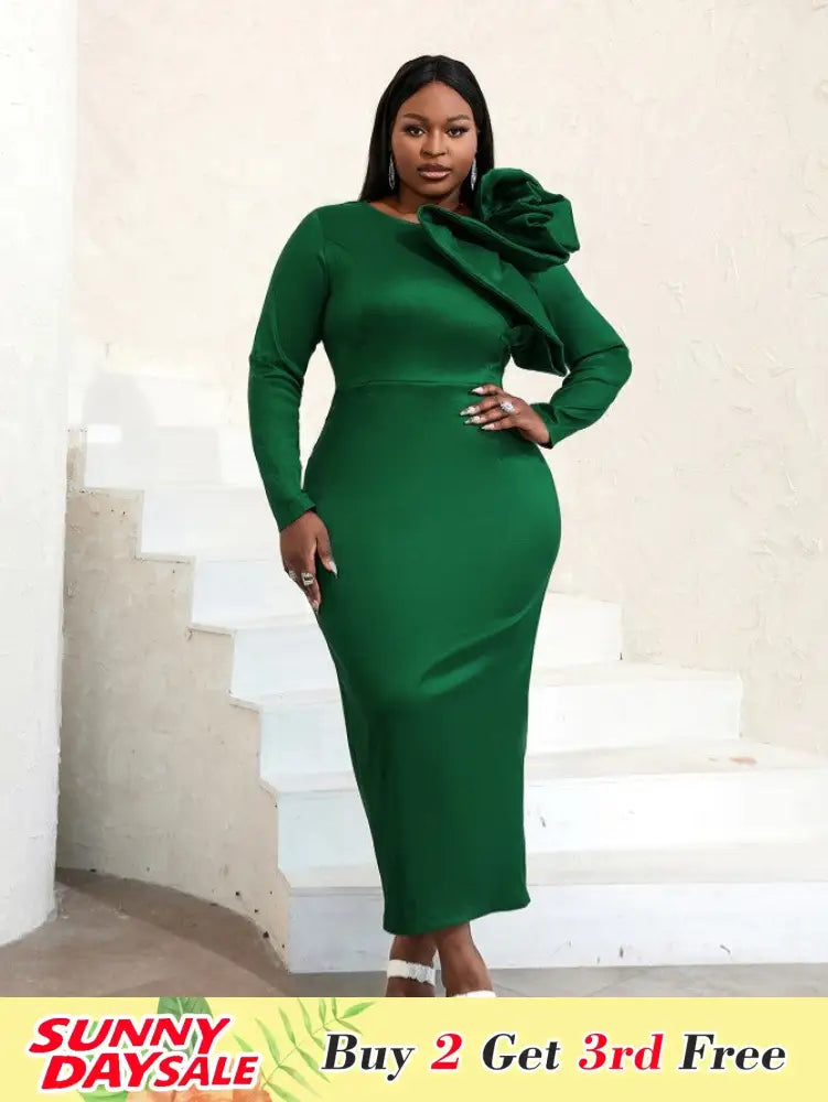 Long Sleeve Ruffle Shiny Bodycon Dress Maxi
