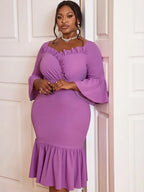 Mermaid Dress V Neck Ruffles 3/4 Flare Sleeve High Waist