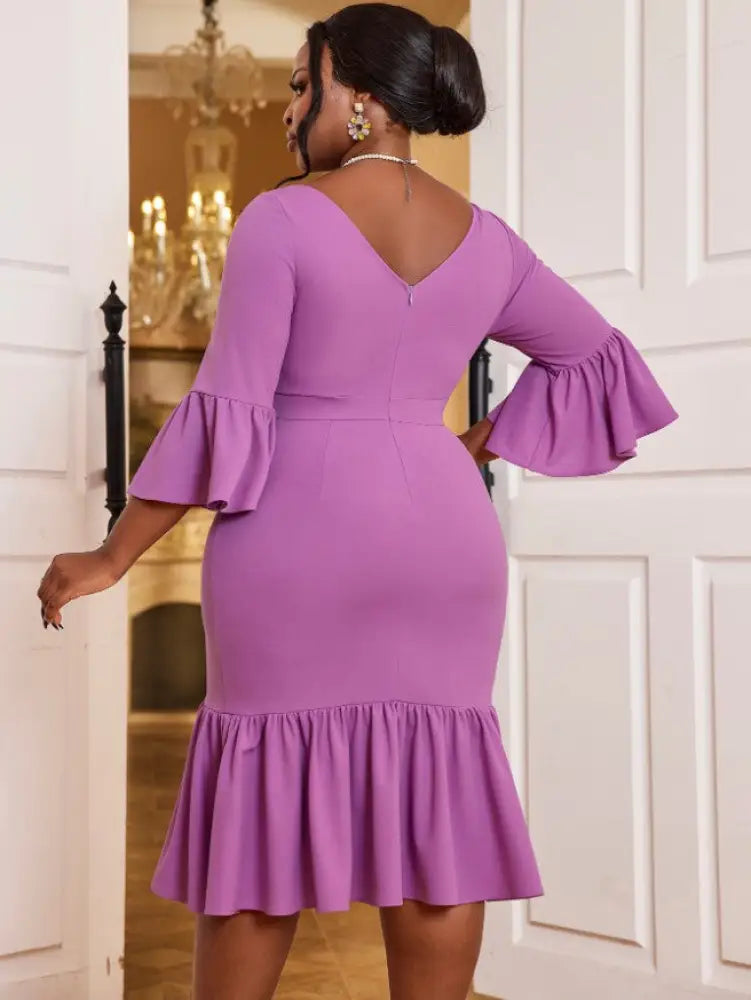 Mermaid Dress V Neck Ruffles 3/4 Flare Sleeve High Waist