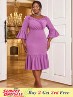 Mermaid Dress V Neck Ruffles 3/4 Flare Sleeve High Waist