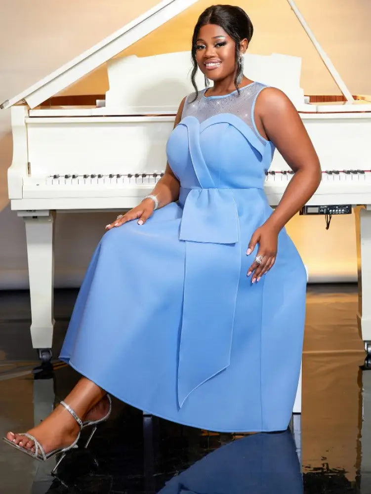 Mesh Patchwork Hot Drill O Neck Sleevelss A-Line Dress