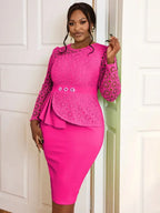 Midi Dress O Neck Lace Patchwork Hollow Out Long Sleeves