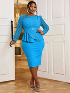Midi Dress O Neck Lace Patchwork Hollow Out Long Sleeves