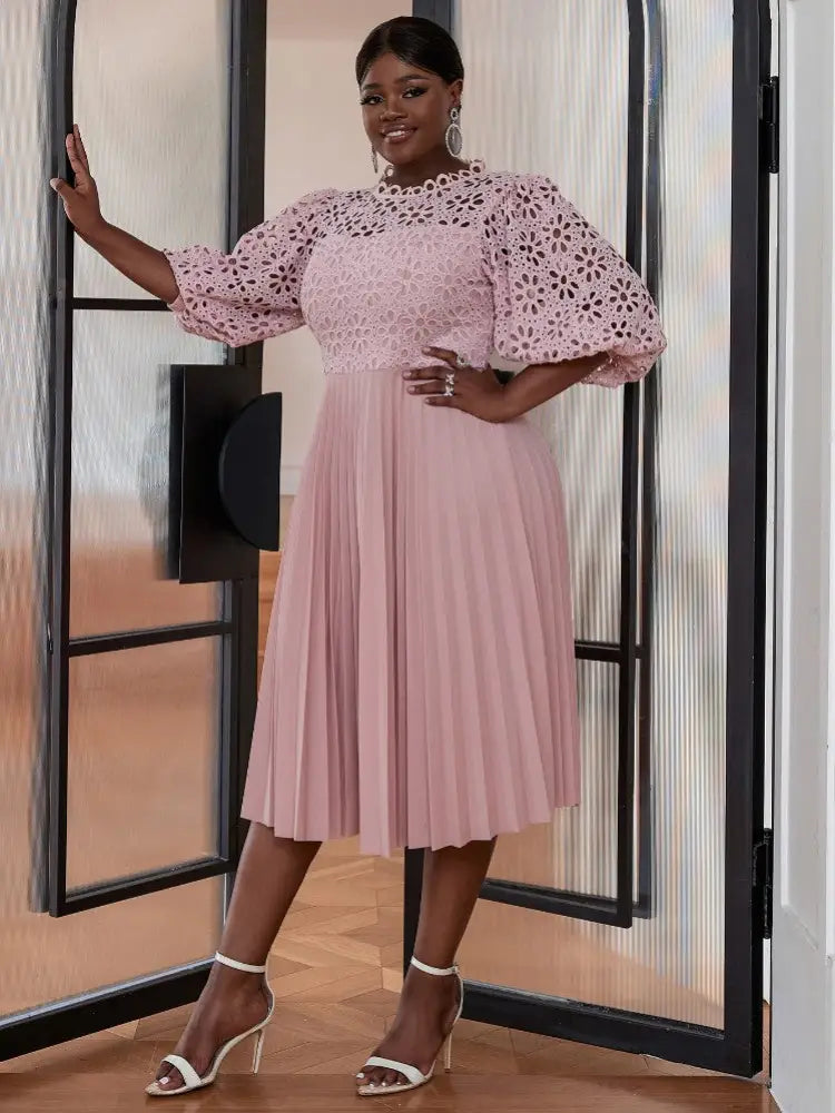 Midi Lace Hollow Out Pleated Plus Size Cocktail Dress Elegant Wedding Guest Dresses