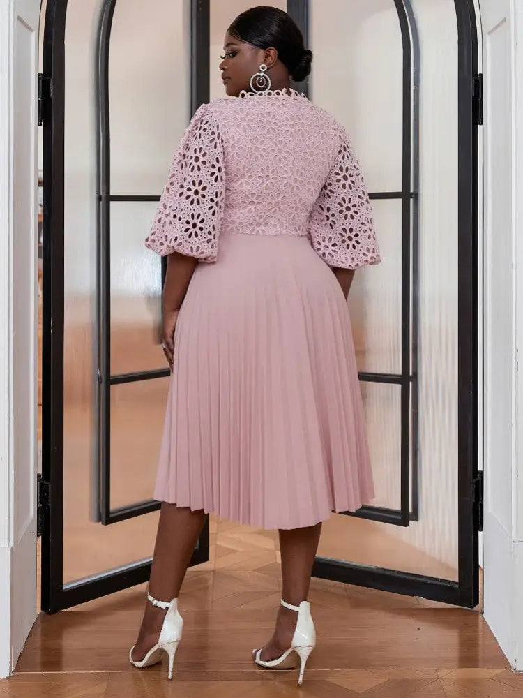 Midi Lace Hollow Out Pleated Plus Size Cocktail Dress Elegant Wedding Guest Dresses