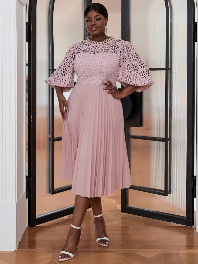 Midi Lace Hollow Out Pleated Plus Size Cocktail Dress Elegant Wedding Guest Dresses