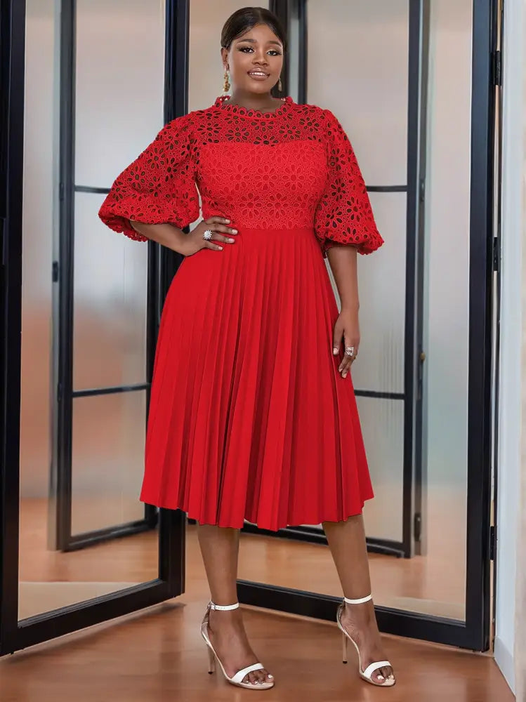 Midi Lace Hollow Out Pleated Plus Size Cocktail Dress Elegant Wedding Guest Dresses