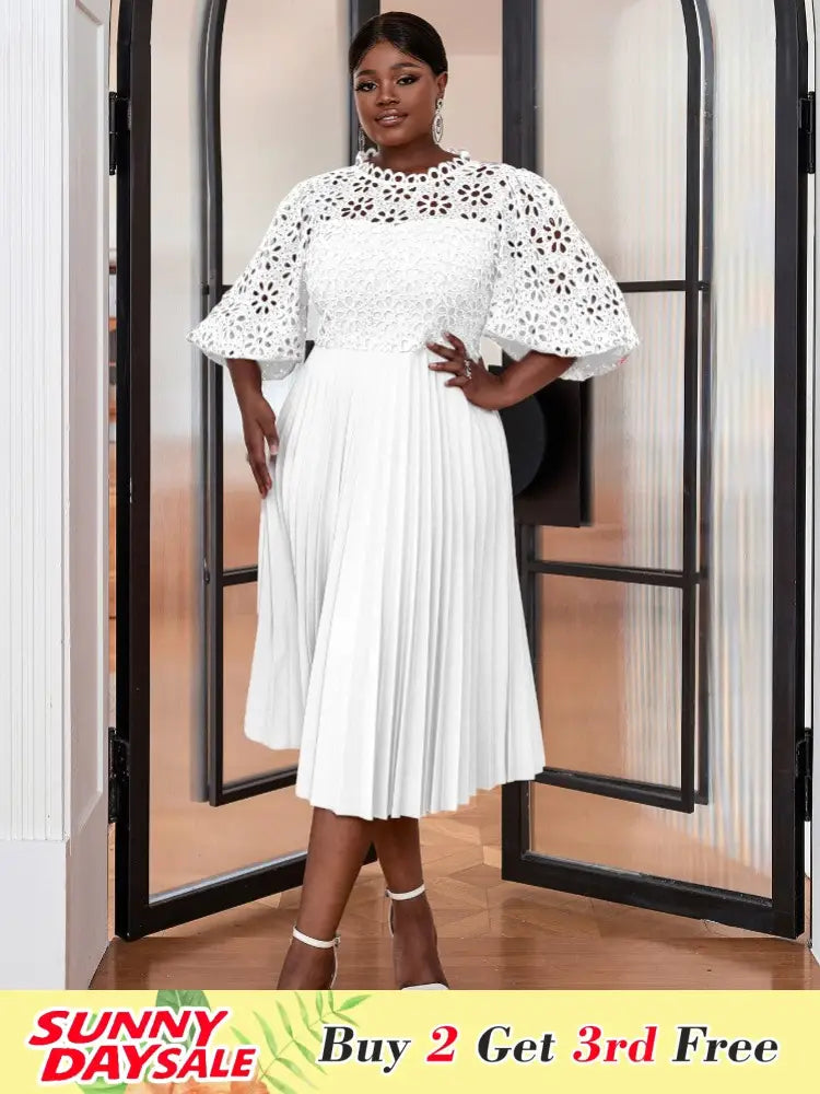 Midi Lace Hollow Out Pleated Plus Size Cocktail Dress Elegant Wedding Guest Dresses