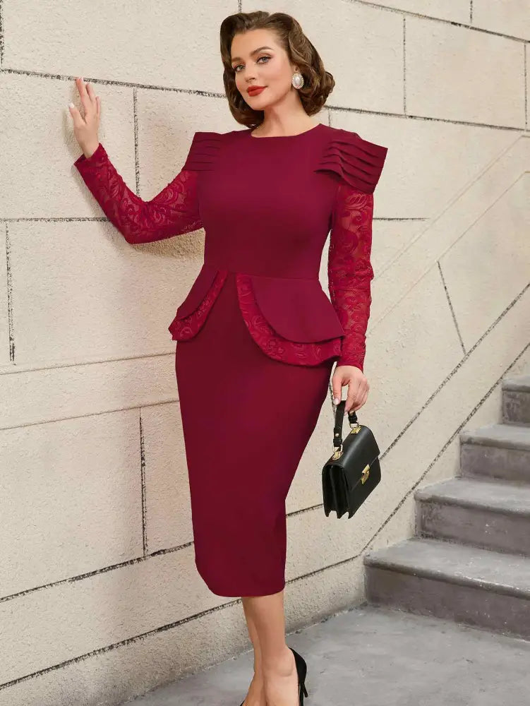 Mothers Day Outfits Lace Patchwork Long Sleeve Dress