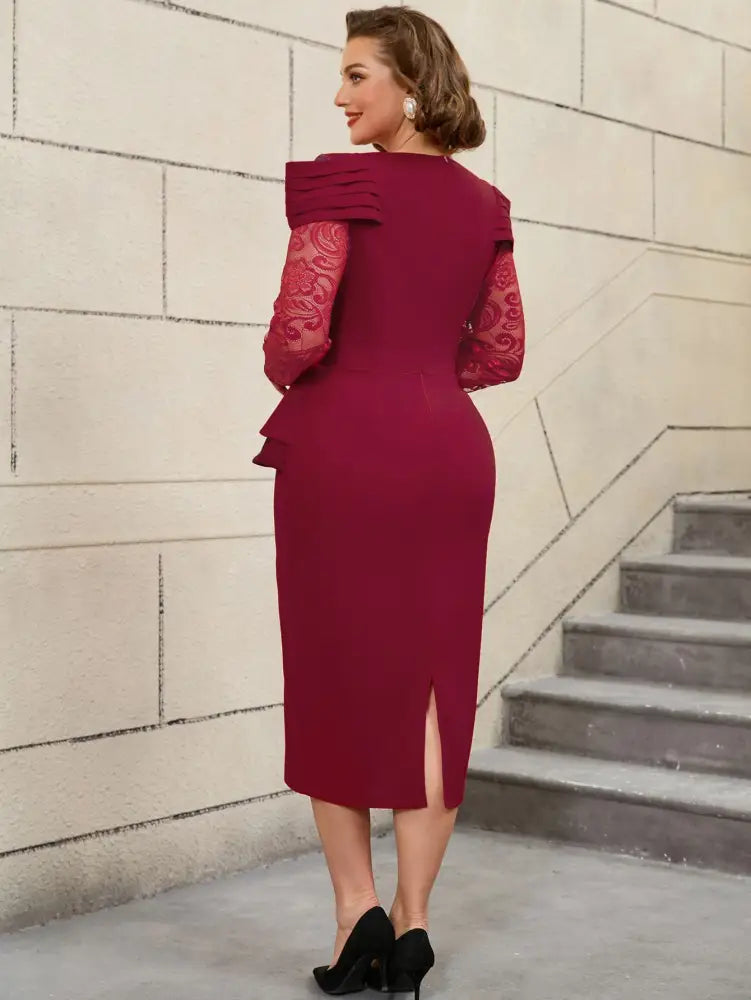 Mothers Day Outfits Lace Patchwork Long Sleeve Dress