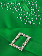 Nail Bead A-line Dress O Neck Mesh Patchwork Bubble Sleeve