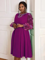 Nail Bead A-line Dress O Neck Mesh Patchwork Bubble Sleeve