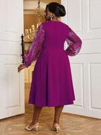 Nail Bead A-line Dress O Neck Mesh Patchwork Bubble Sleeve