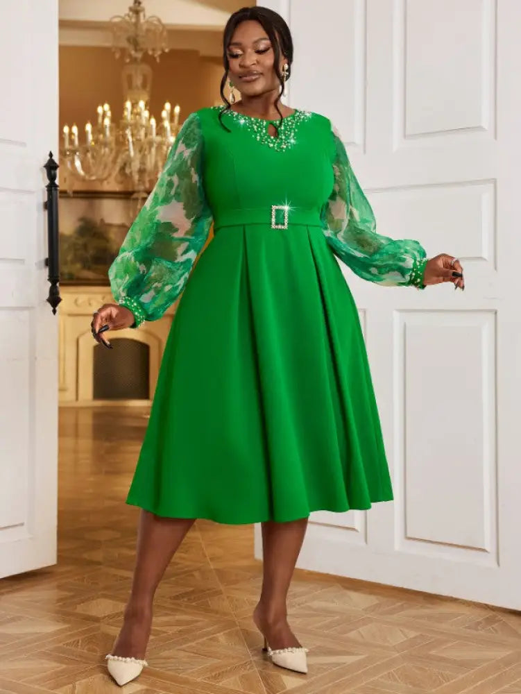 Nail Bead A-line Dress O Neck Mesh Patchwork Bubble Sleeve
