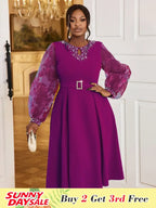Nail Bead A-line Dress O Neck Mesh Patchwork Bubble Sleeve