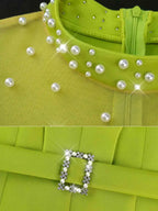 Nail Bead Dress Mesh Patchwork Half High Collar 3/4 Sleeve