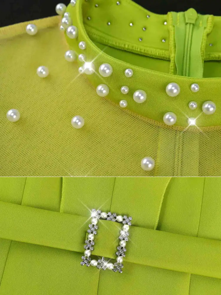 Nail Bead Dress Mesh Patchwork Half High Collar 3/4 Sleeve