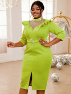 Nail Bead Dress Mesh Patchwork Half High Collar 3/4 Sleeve