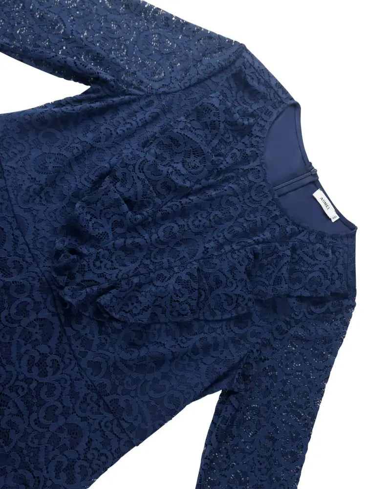 Navy Lace Dress for O Neck See Thorugh Long Flare Sleeve